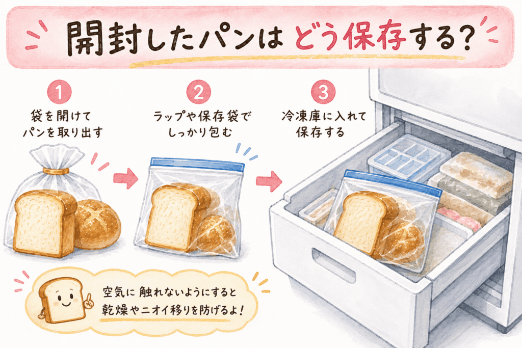 冷凍庫から出したパンを解凍しているイラスト