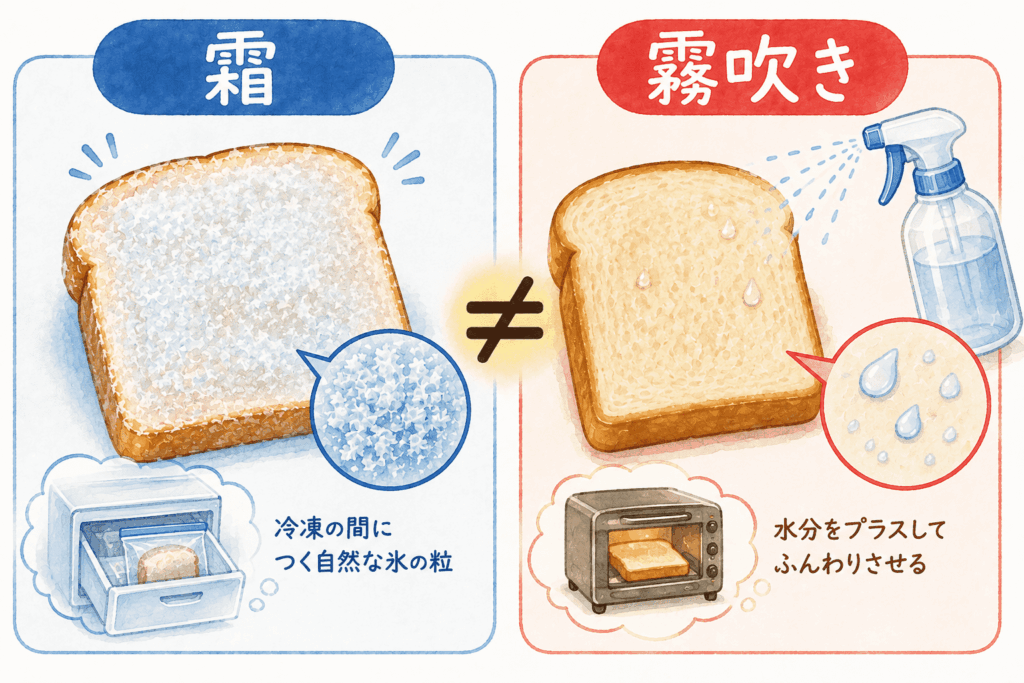 食パンにつく霜と霧吹きの違いのイラスト