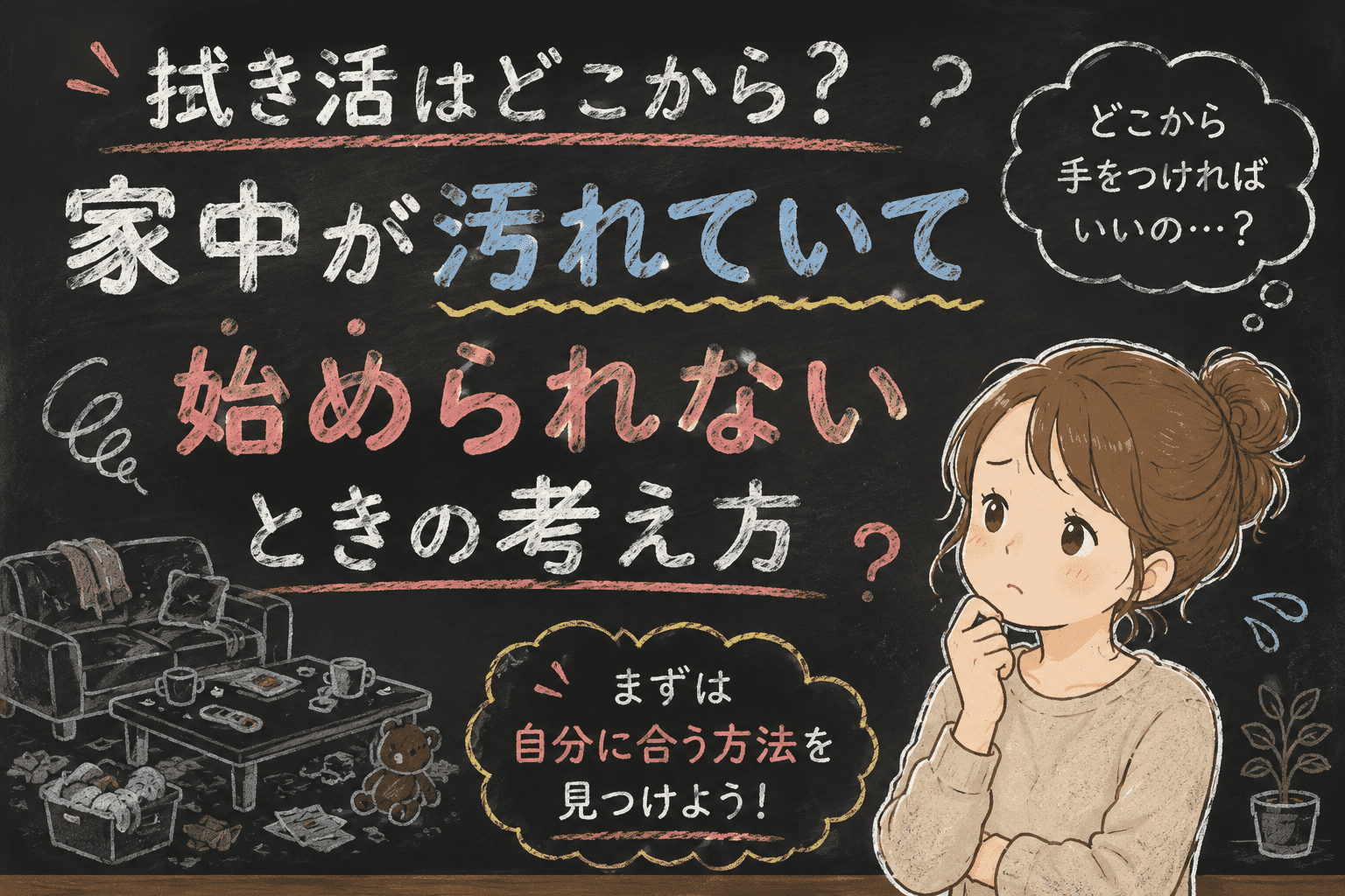 家中が汚れていてどこから始めればいいか悩む女性と、拭き活を始めるイメージ