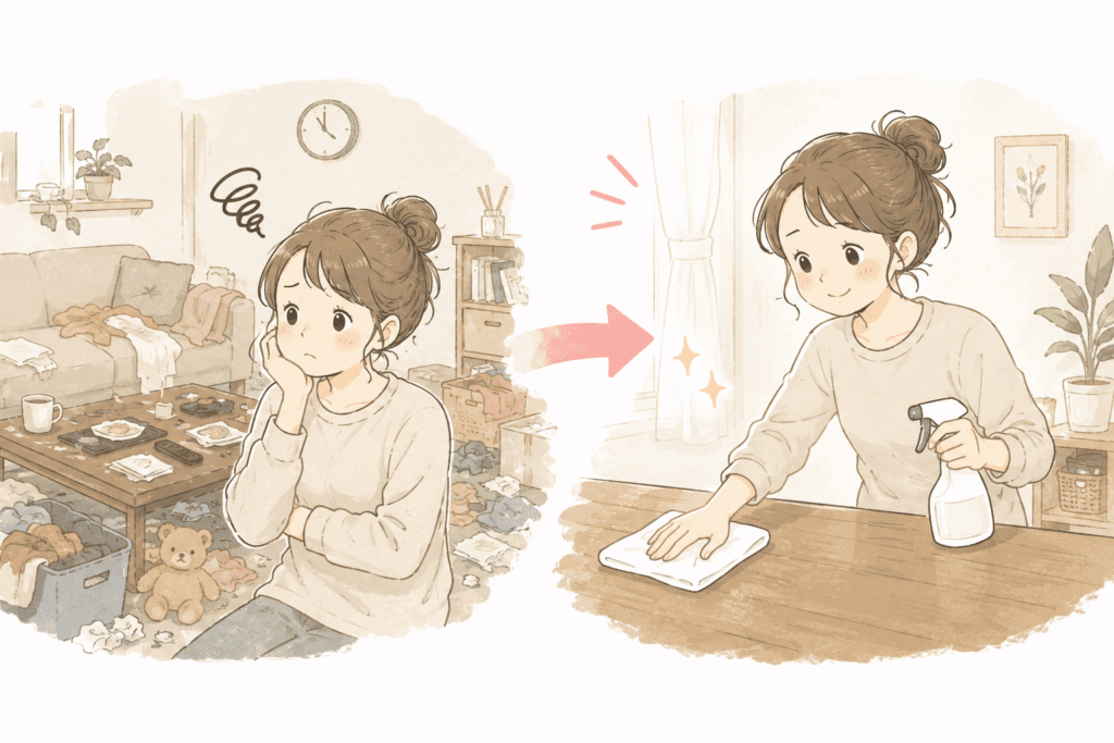 家が散らかって拭き活を始められず悩む女性と、拭ける状態になって掃除を始める女性