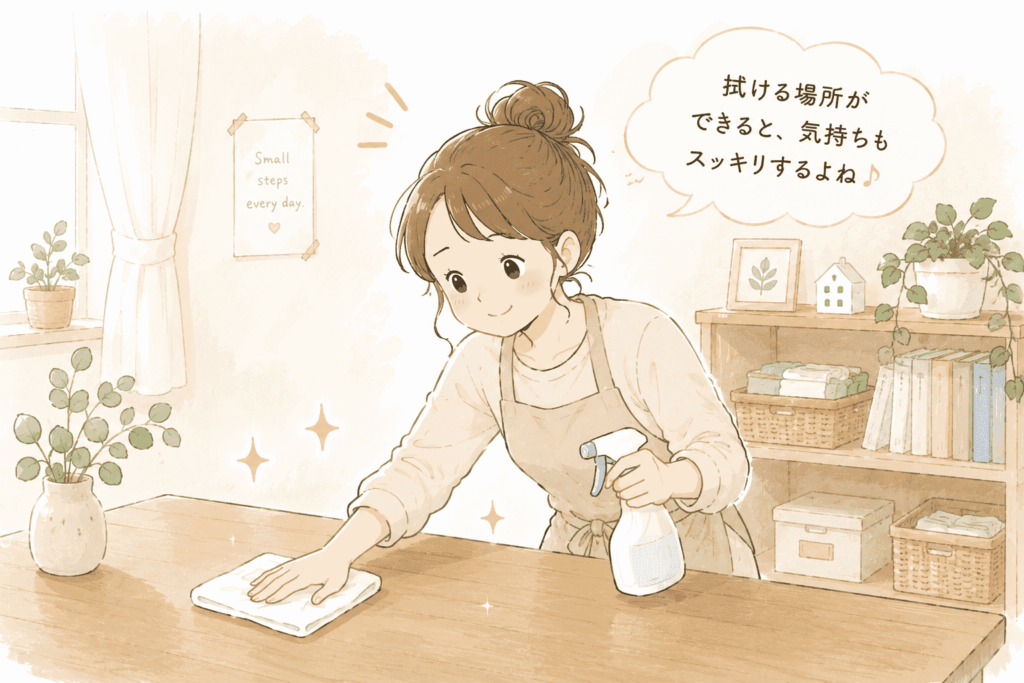拭ける場所を作り、気持ちよくテーブルを拭く女性