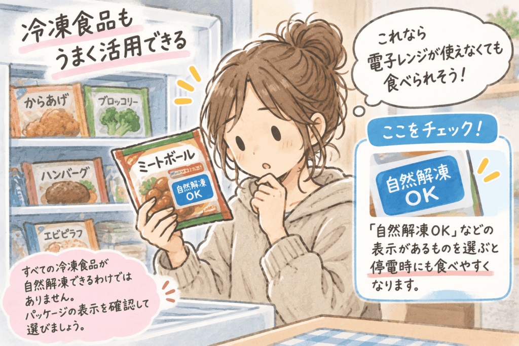 自然解凍OKの表示がある冷凍食品を確認する女性