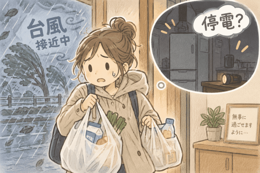 台風が近づく中、停電したときの食事を心配しながら買い物から帰る女性