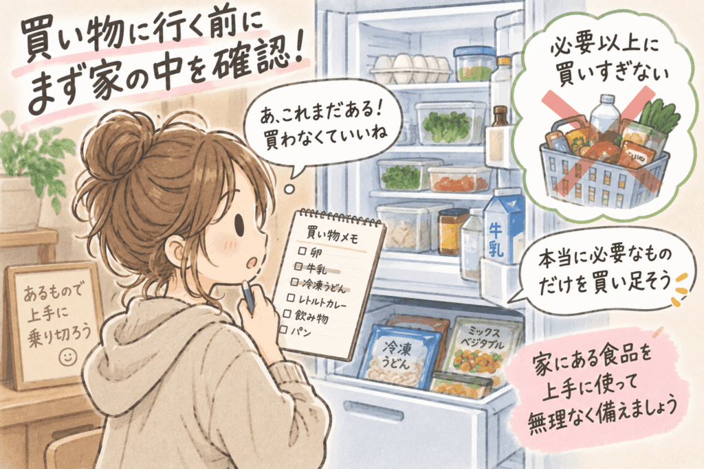 買い物前に冷蔵庫や冷凍庫の中を確認し、必要な食品だけを買い足そうとする女性