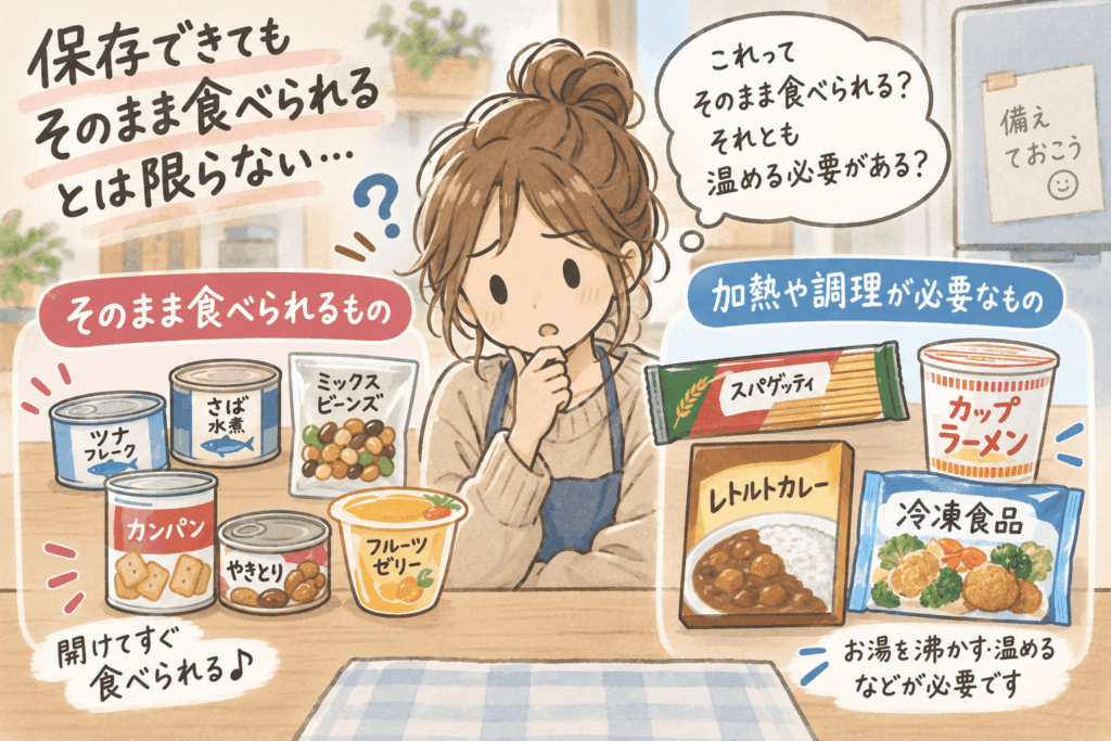 常温保存できる食品でも、そのまま食べられるものと加熱や調理が必要なものがあることを示すイラスト