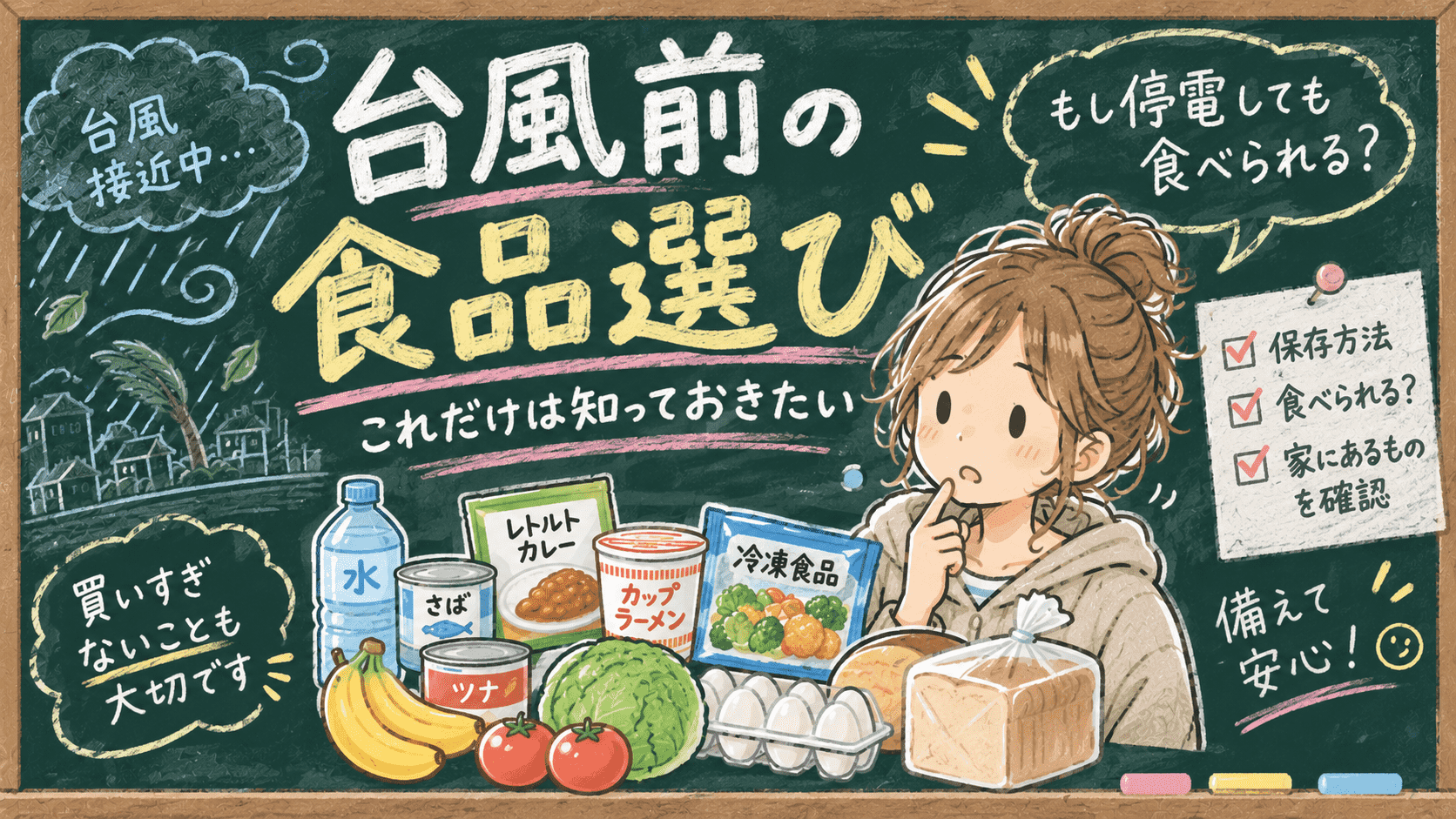 台風前に食品を買い足すとき、停電を考えて食品を選ぶ女性