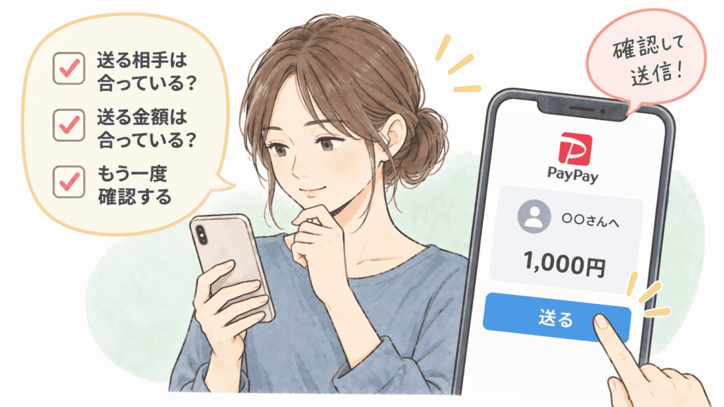 PayPayで送金する前に相手と金額を確認しているイメージ