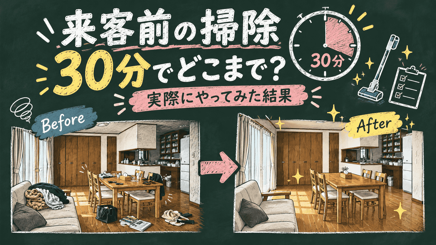 来客前に30分片づけと掃除をした後のリビングとキッチンの様子