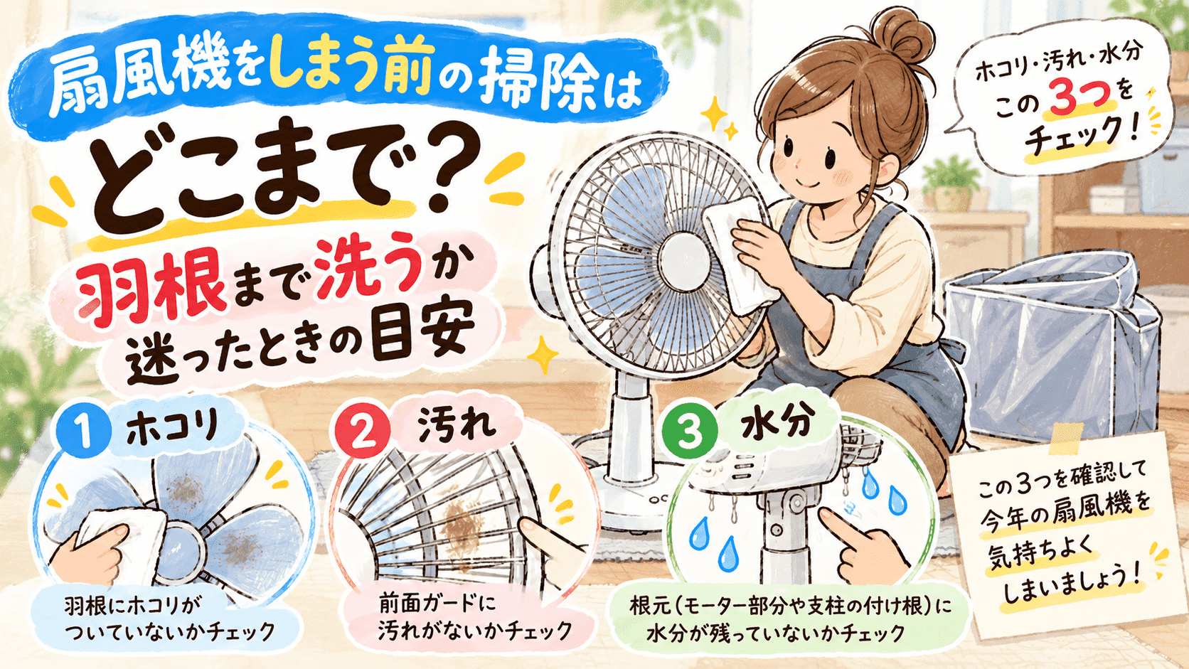 扇風機をしまう前に羽根のホコリ・汚れ・水分を確認するポイントを紹介するイラス