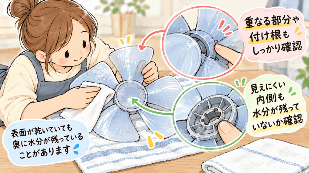 水洗いした扇風機の羽根を収納前にしっかり乾かし、付け根や裏側の水分を確認する様子