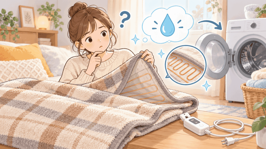     電熱線が入った電気毛布を洗えるのか確認しているイラスト