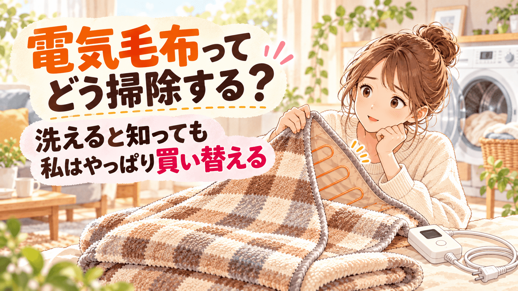 電気毛布の掃除方法と、洗って使うか買い替えるか迷う女性のイラスト
