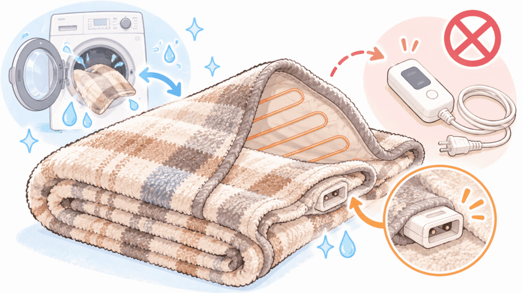     電気毛布を洗うときにコントローラーを外しコネクター部分を確認するイラス